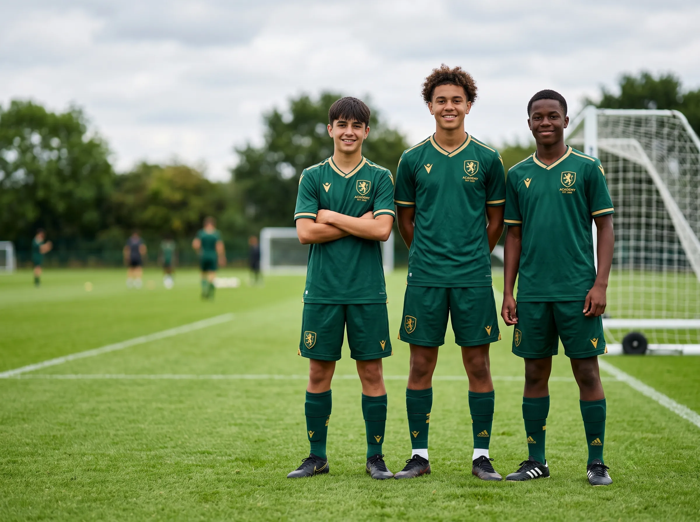 Youth football academy players wearing matching custom training gear with club badges